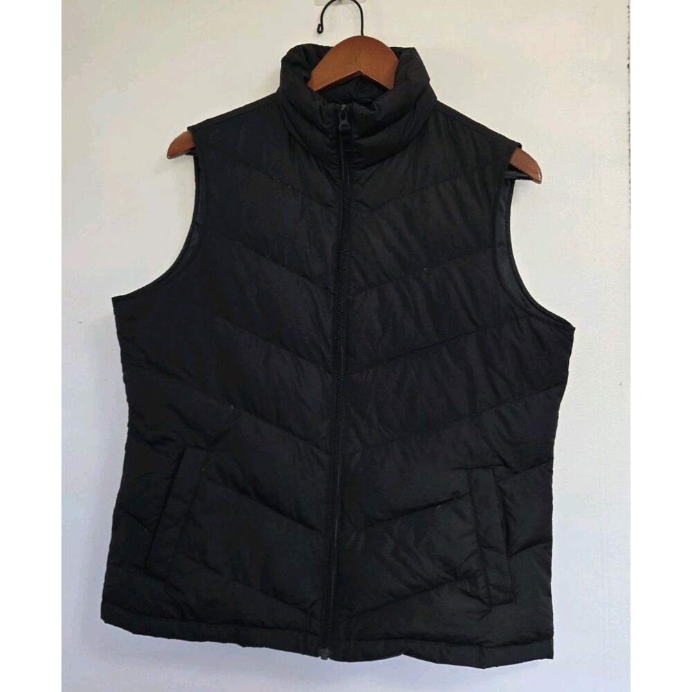Lands End Vest Women Puffer M Black Full Zip Down Insulated Lightweight Pockets